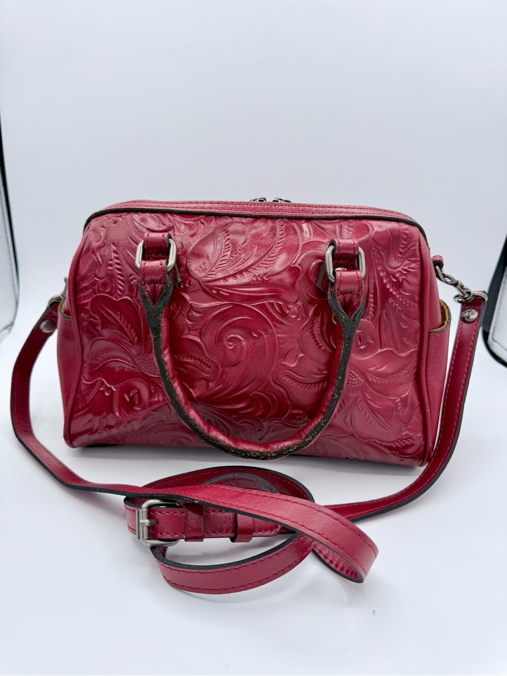 Patricia Nash Tooled Leather Cranberry Satchel Crossbody